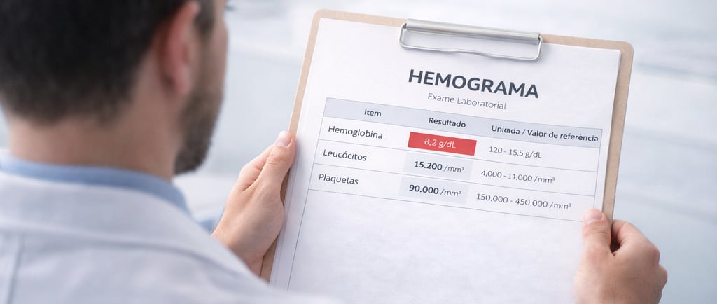 Médico analisando hemograma alterado com valores de hemoglobina, leucócitos e plaquetas em exame laboratorial.