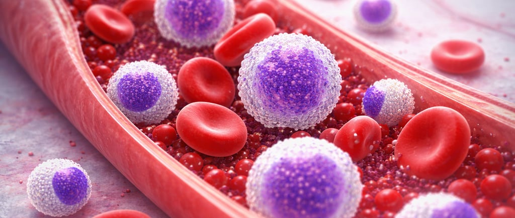 Ilustração médica de células sanguíneas alteradas representando leucemia em vaso sanguíneo.