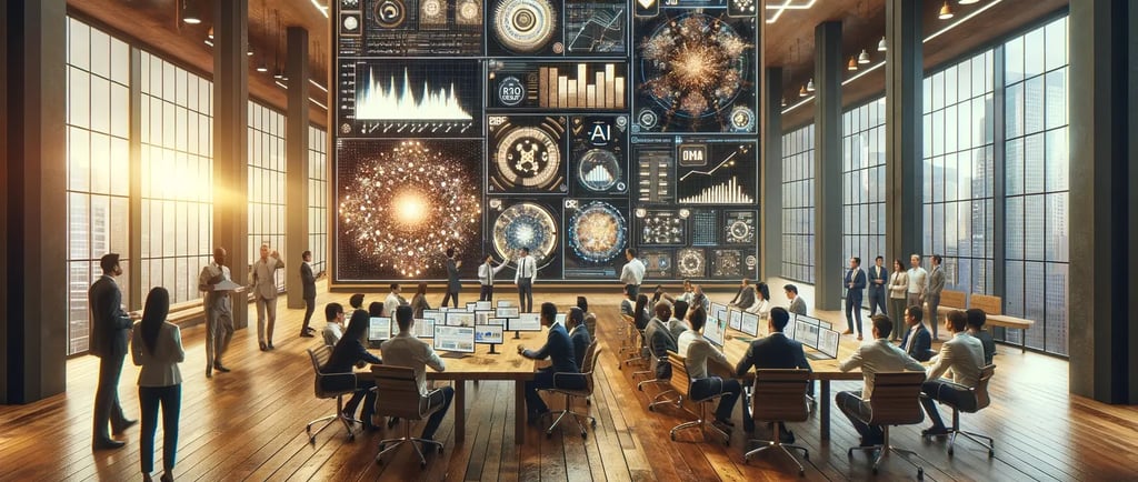 Oficina moderna con gran panel de datos y gráficos sobre inteligencia artificial con profesionales trabajando