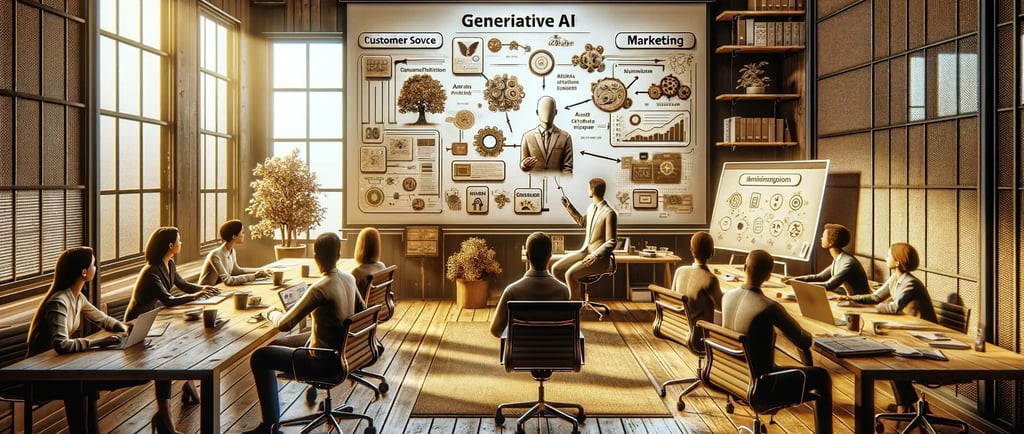 Reunión de sala de juntas discutiendo inteligencia artificial generativa con ayudas visuales