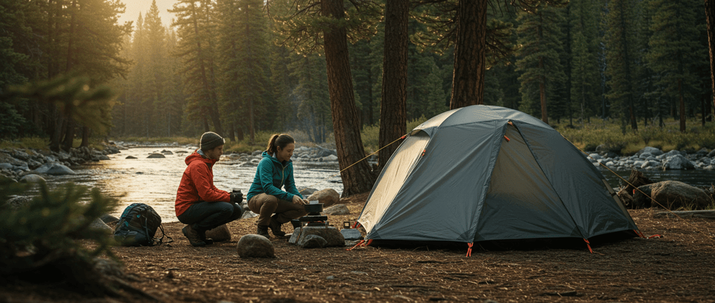 two people sitting at a campsite in the woods