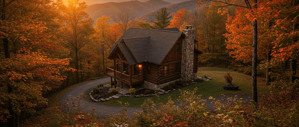a log cabin in the mountains with a sunset