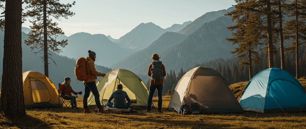 a group of people standing around a tent