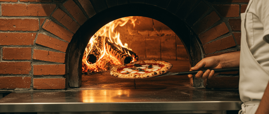 Roman pizza coming out of pizza oven