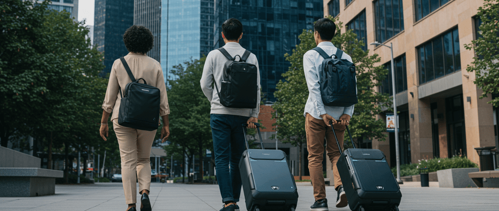 Team using carry on backpacks to go to meeting
