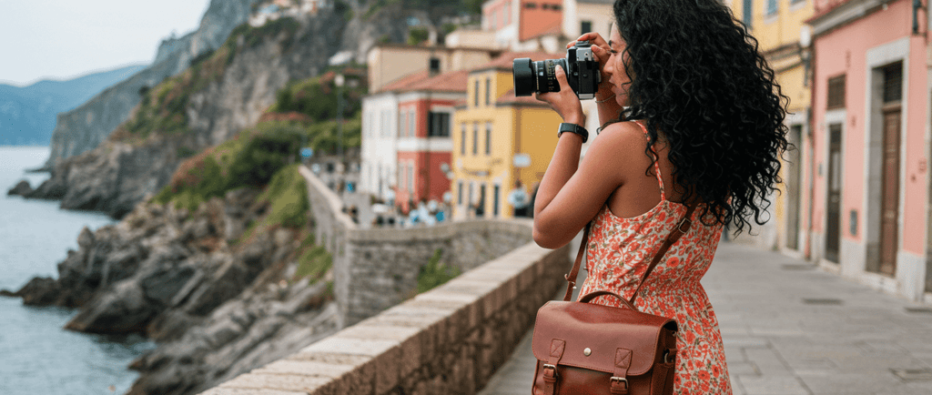 a woman traveling on vacation taking a picture
