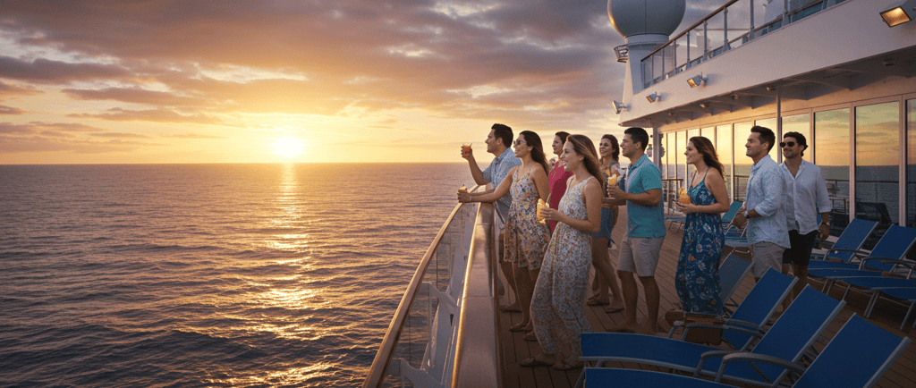 a group of people standing on a cruise ship