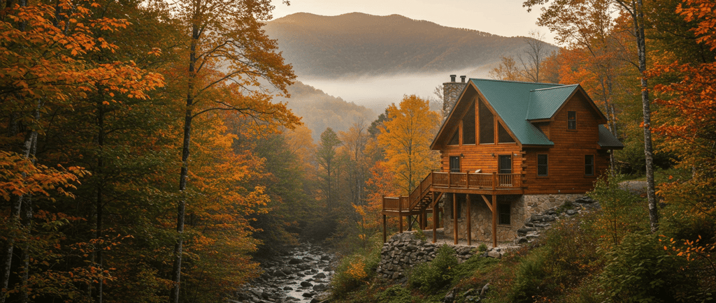 a cabin in the woods with a river running through it