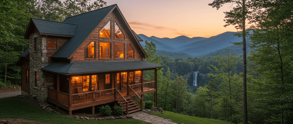 a cabin with a view of the mountains