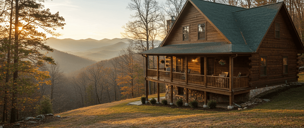 a cabin with a view of mountains in the background