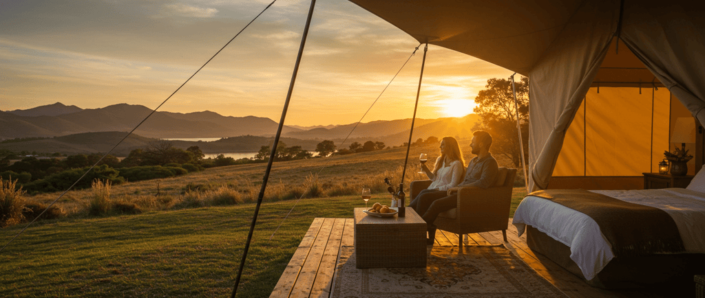 a woman sitting in a tent with a glass of wine