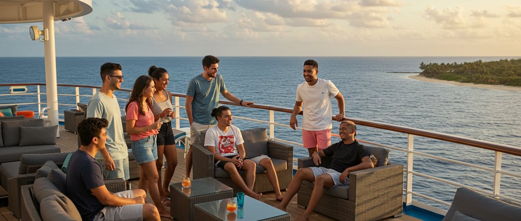 a group of people sitting on a deck deck