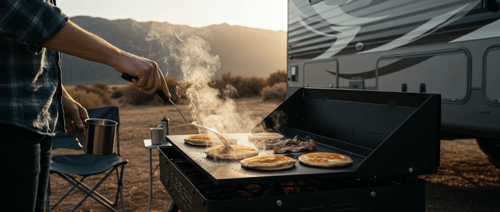 a man cooking food on a grill top
