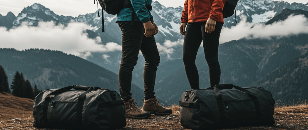 Large black duffle bag with multiple compartments, ideal for outdoor adventures