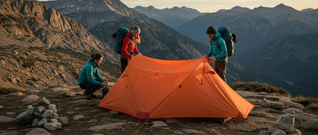 a group of people standing around a tent