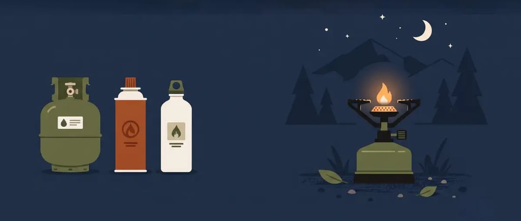 Illustrated multi-fuel camping stove with propane, butane, and white gas — Horacio & Visconti