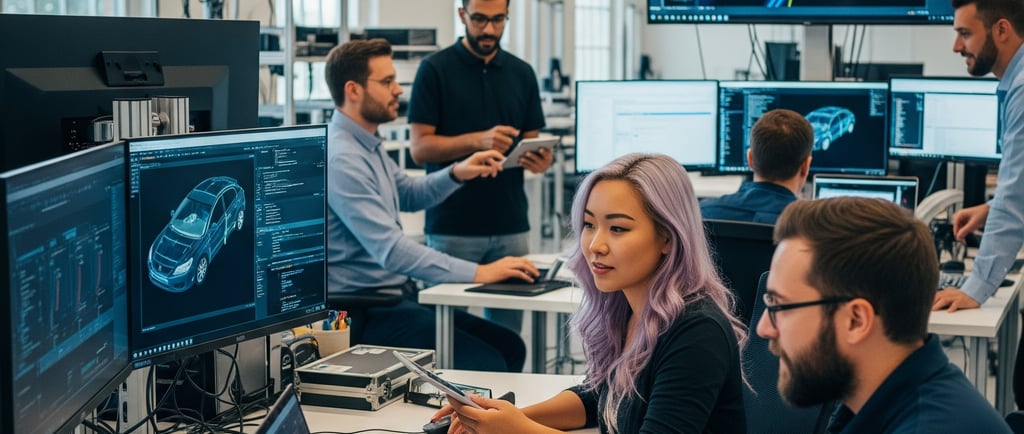 A group of CAD automation developers working on an automation projects in an automobile company