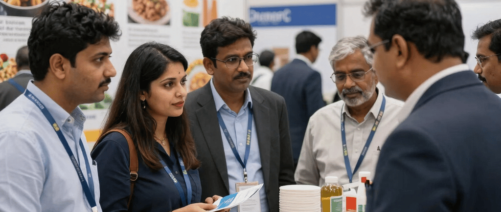A bustling exhibition hall filled with people attending a financial conference or trade event. Prominent displays and booths from companies like Scope Markets, Daman Markets, and Hantec Markets are visible. Attendees are engaged in conversations, networking, and exploring the offerings and information provided by the exhibitors.