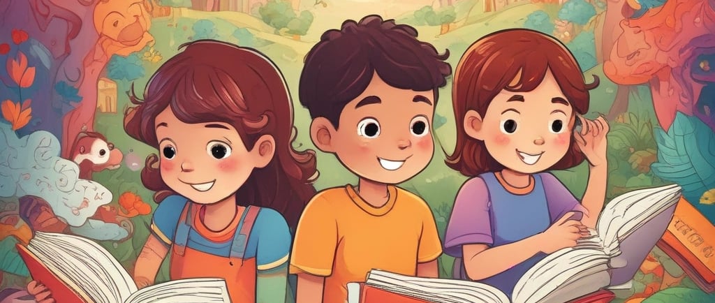 Children reading colorful storybooks together in a cozy room
