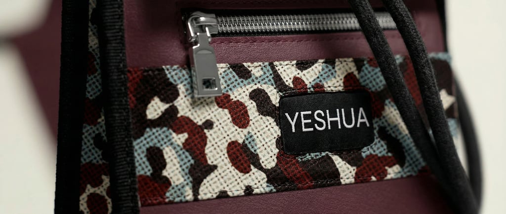Close-up of a burgundy leather Yeshua crossbody bag featuring a patterned textile accent and silver zipper.