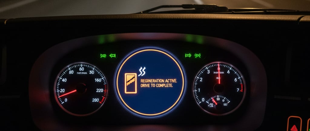 Close-up of a Volvo FM dashboard at night with the orange "Regeneration Active" warning light illuminated.