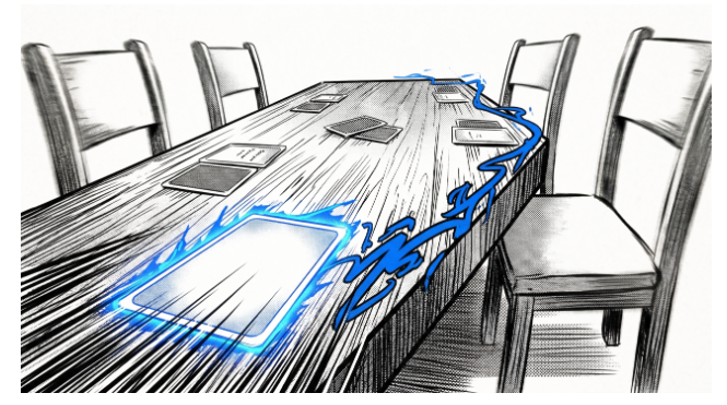 A manga-style drawing of a card game on a wooden table with blue energy effects.