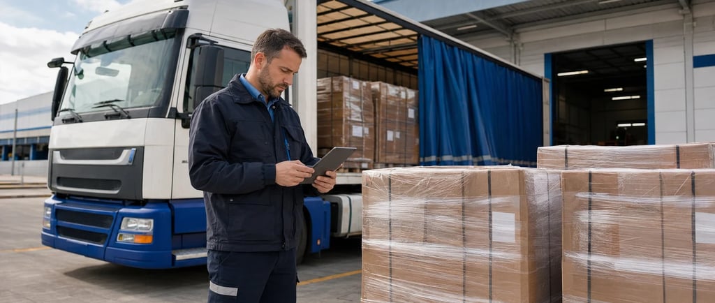 Camión de carga junto a pallets preparados para un transporte logístico en Argentina