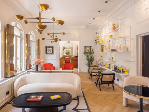 Modern and bright interior design of a room at Solly Hotel in the Marais district, Paris.