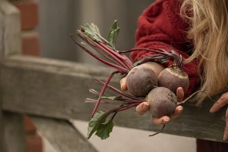 a girl showing three beets in her hands