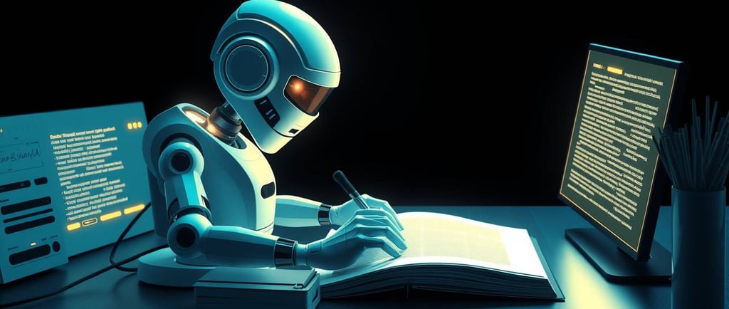 “Futuristic minimalist illustration of an AI writing engine at a desk, with glowing text flowing fro