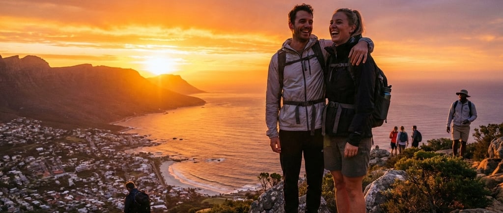 Happy couple on the sunset hike