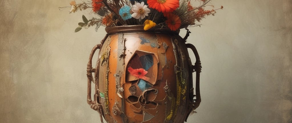 Hanging old kettle with fuzzy cactus plants