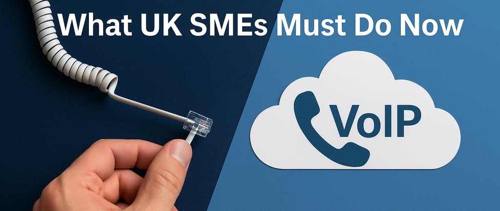 Illustration of BT PSTN switch-off 2027 with UK SMEs migrating to cloud telephony
