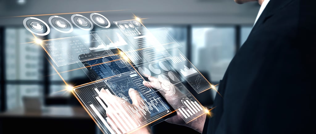 a man in a suit and tie is holding a tablet computer