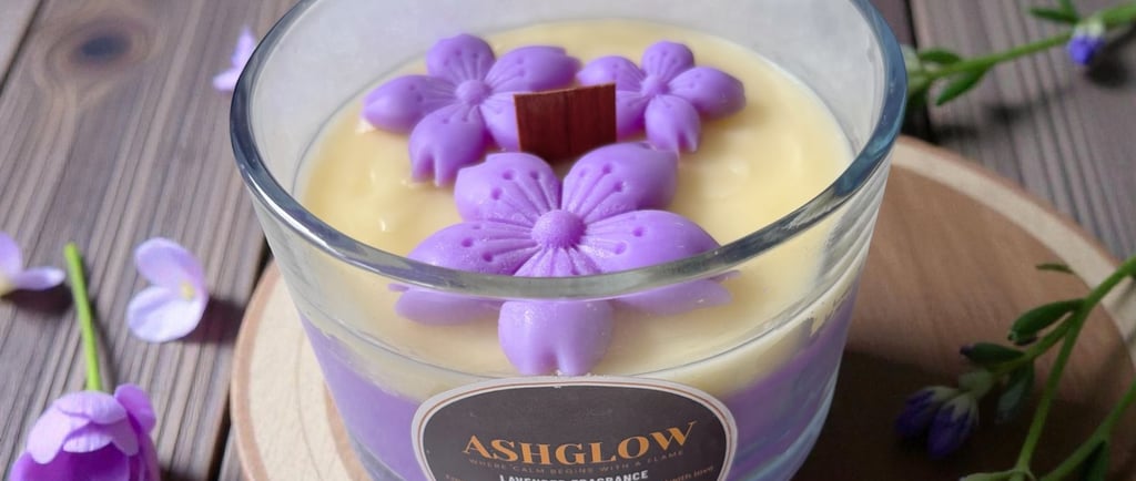 ASHGLOW lavender soy wax candle in glass jar with wooden wick on wooden tray – luxury aromatherapy home décor candle