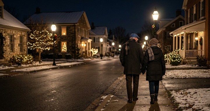 Pareja de abuelos caminando de noche en Navidad, seguimiento en investigación privada de menores