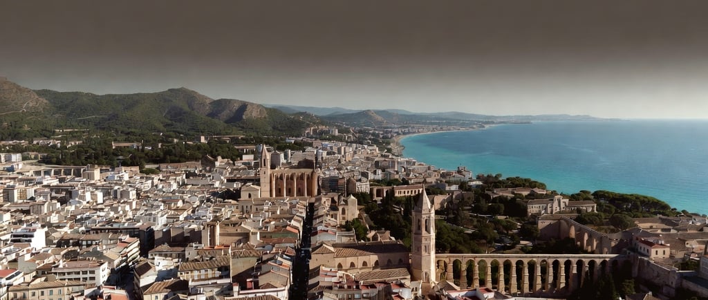 Vista aérea de Tarragona con la catedral y el mar Mediterráneo