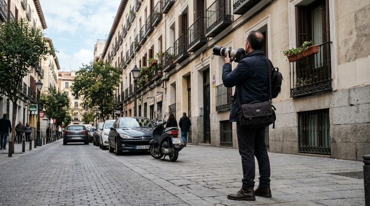 Detective privado en la calle con cámara de largo alcance frente a un edificio residencial .