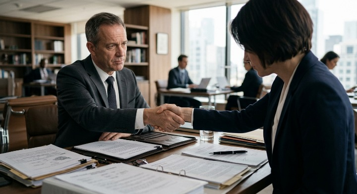 Dos personas cerrando un acuerdo empresarial con documentación sobre la mesa