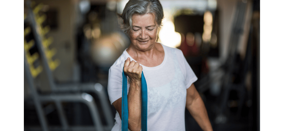 post menopausal women exercising with a band
