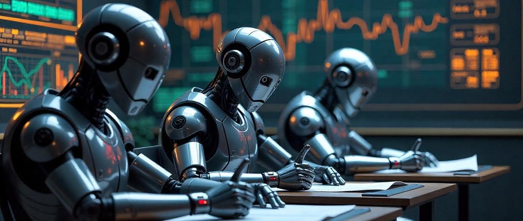 a group of robots are sitting at an exam