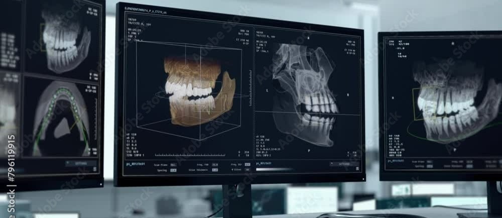Digital dental X-ray and 3D panoramic jaw imaging displayed on multiple computer monitors in a clinic.