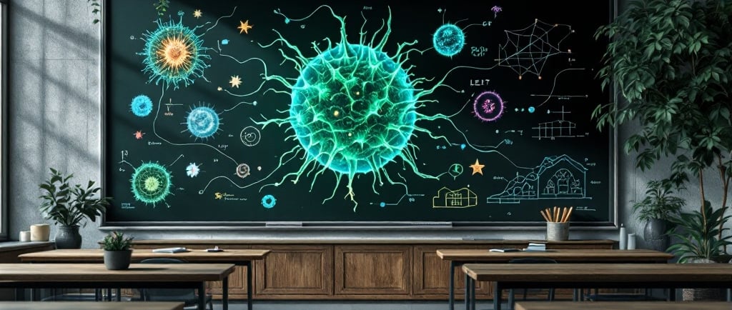 A classroom chalkboard with written formulas and diagrams