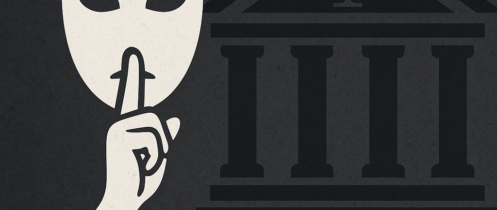 a person holding a finger up to their face and a courthouse with caption deception