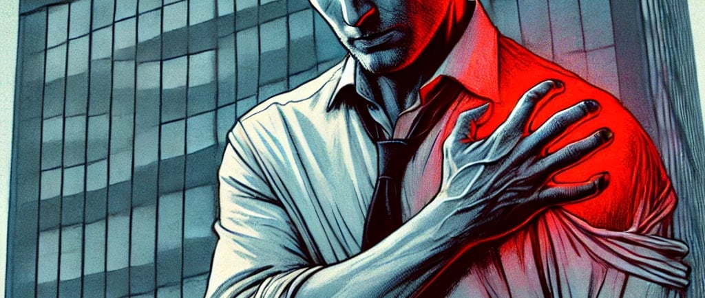 a man in a white shirt and hurt red shoulder