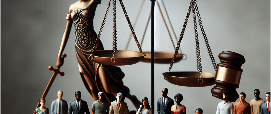 lady justice with sword scales gavel and people gathered