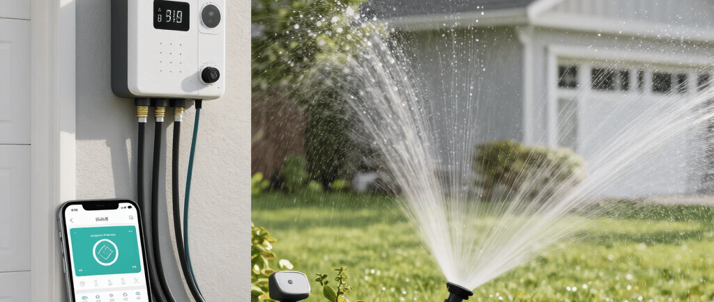 Smart irrigation controller watering a lawn for improved water efficiency