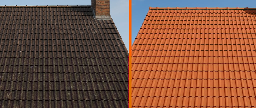 Toiture en tuiles rouges avec cheminée avant après nettoyage