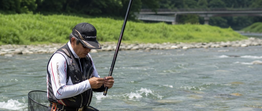 An experienced angler fishing in a shallow river with a long rod and professional fly fishing gear.