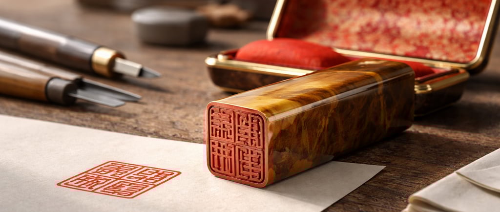 Japanischer Hanko/Inkan (Namensstempel) mit rotem Stempelabdruck auf Papier, auf Holztisch neben Ste